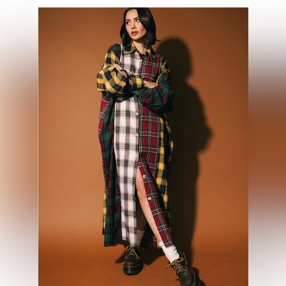 NWT Dressed in LALA Grunge Goddess Flannel Mixed Patch Plaid shirt dress 2x/3x
